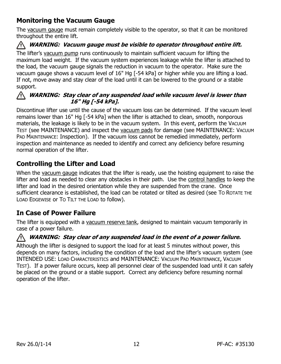 Monitoring the vacuum gauge, Controlling the lifter and load, In case of power failure | Wood’s Powr-Grip PFHL89AC User Manual | Page 14 / 29