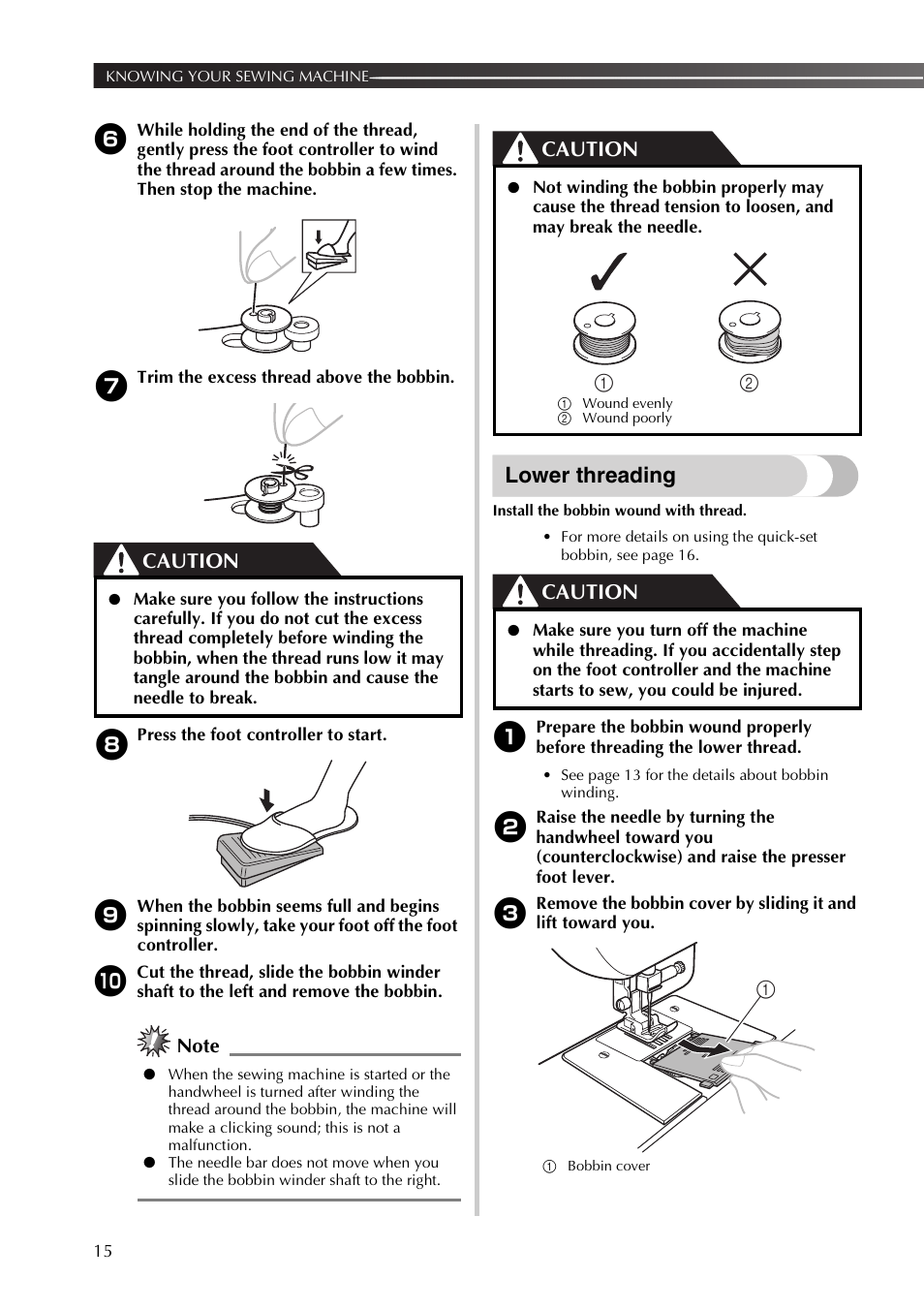 Lower threading, Caution | Brother 885-X06 User Manual | Page 16 / 104
