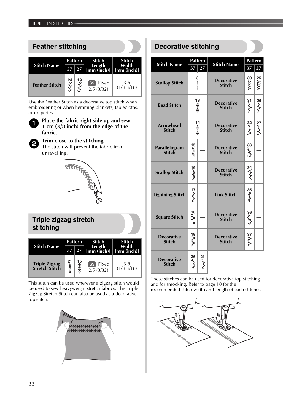 Feather stitching, Triple zigzag stretch stitching, Decorative stitching | Brother 885-X06 User Manual | Page 34 / 104