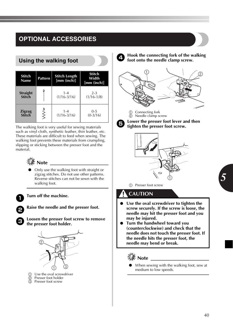 Optional accessories, Using the walking foot, Caution | Brother 885-X06 User Manual | Page 41 / 104