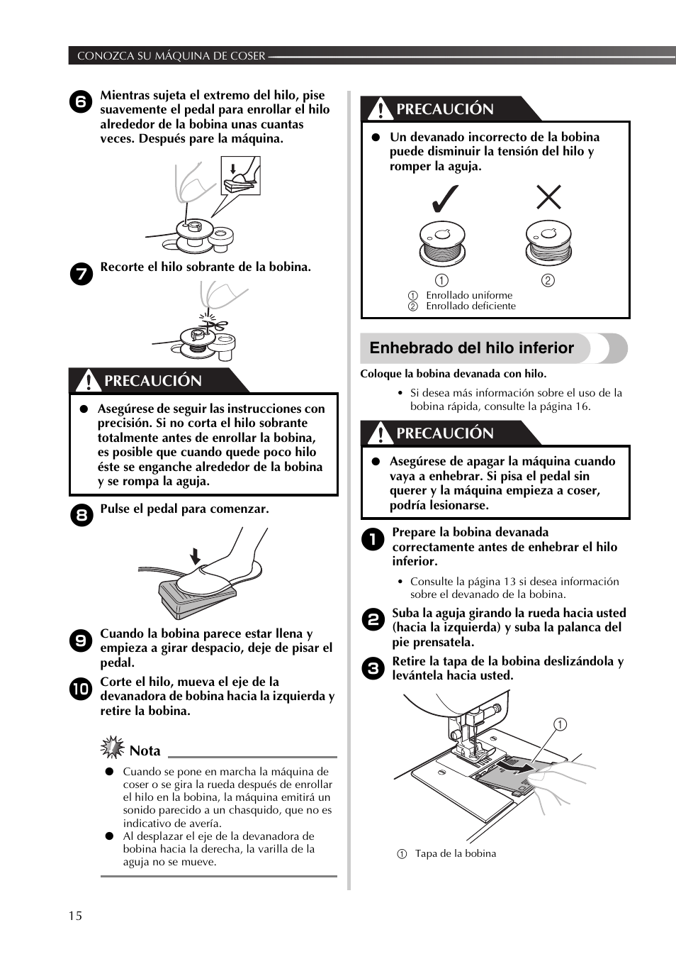 Enhebrado del hilo inferior, Precaución, Nota | Brother 885-X06 User Manual | Page 66 / 104