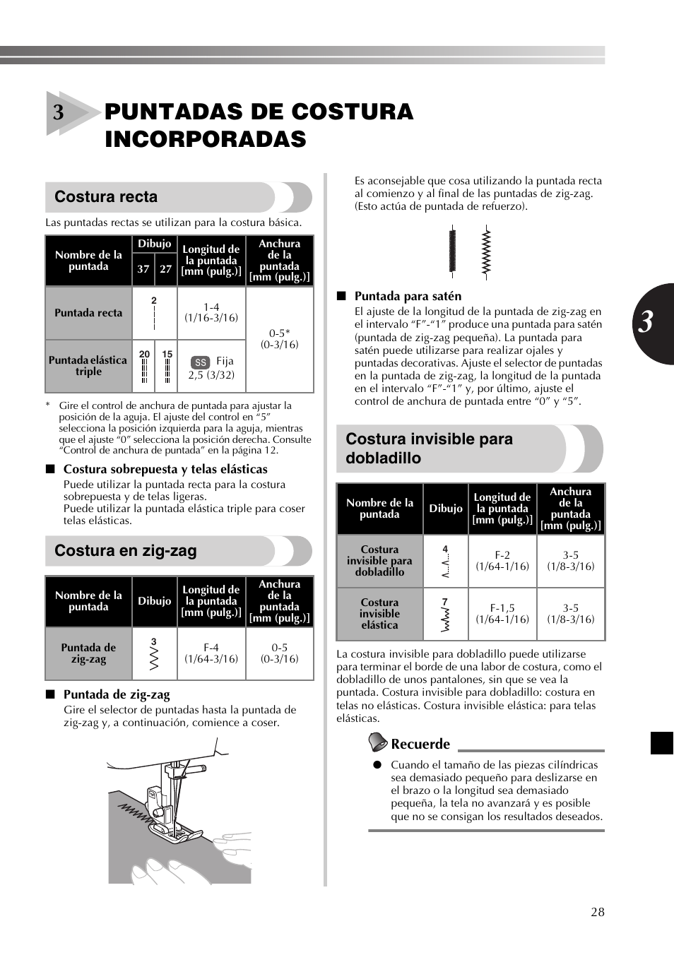 3puntadas de costura incorporadas, Costura recta, Costura en zig-zag | Costura invisible para dobladillo, Recuerde | Brother 885-X06 User Manual | Page 79 / 104