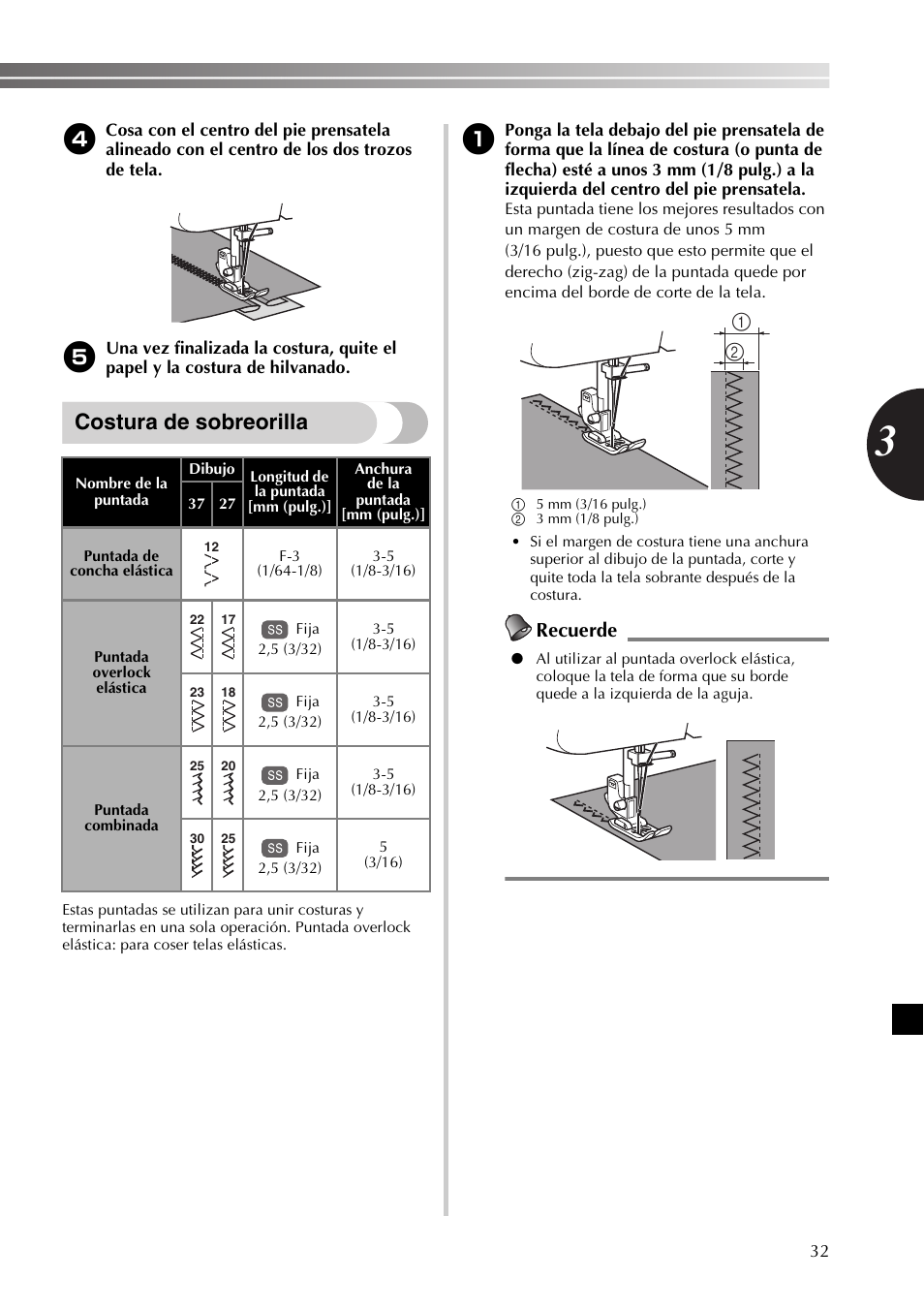 Costura de sobreorilla, Recuerde | Brother 885-X06 User Manual | Page 83 / 104