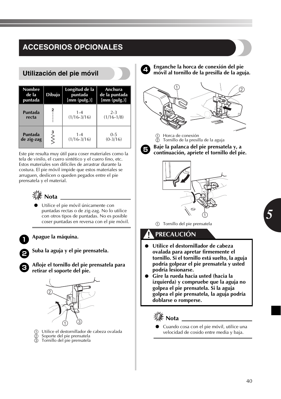 Accesorios opcionales, Utilización del pie móvil, Precaución | Nota | Brother 885-X06 User Manual | Page 91 / 104