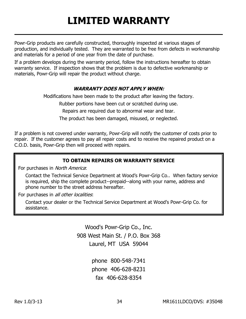 Limited warranty | Wood’s Powr-Grip MR1611LDCO User Manual | Page 36 / 38