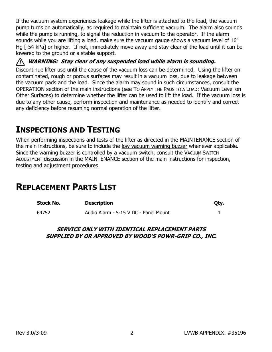 Nspections and, Esting, Eplacement | Arts | Wood’s Powr-Grip MR1611LDCO User Manual | Page 38 / 38