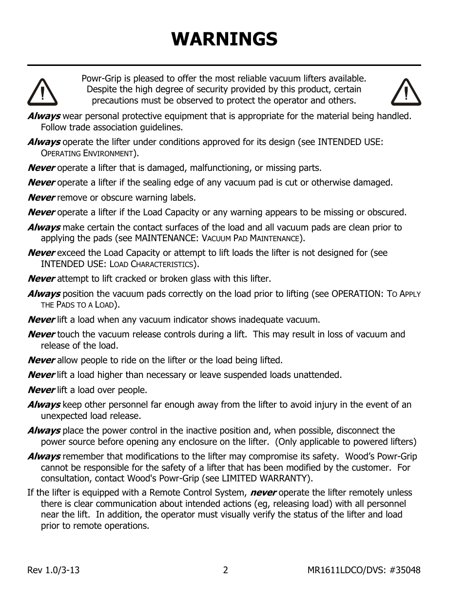 Warnings | Wood’s Powr-Grip MR1611LDCO User Manual | Page 4 / 38