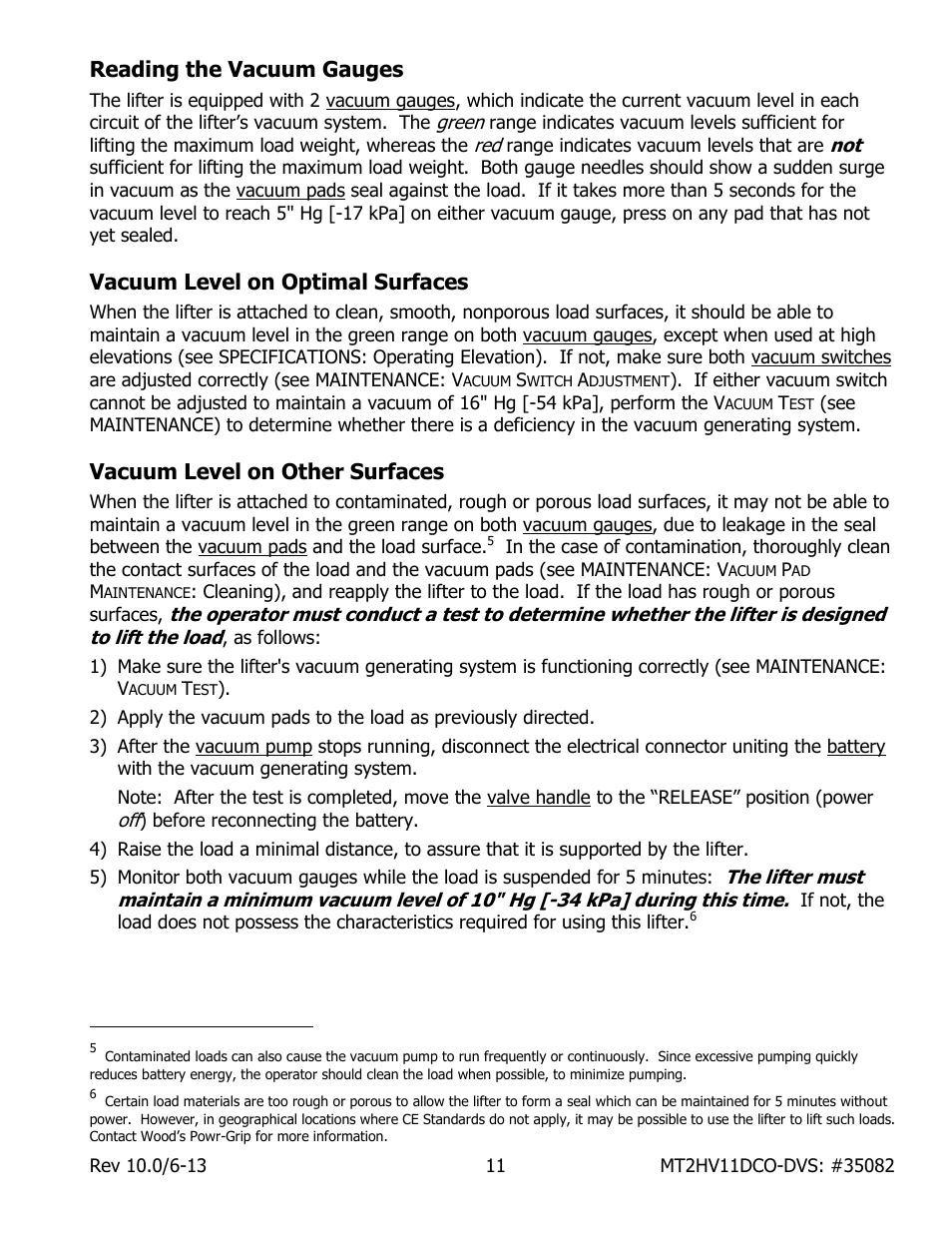 Reading the vacuum gauges, Vacuum level on optimal surfaces, Vacuum level on other surfaces | Wood’s Powr-Grip MT2HV11DC User Manual | Page 13 / 30