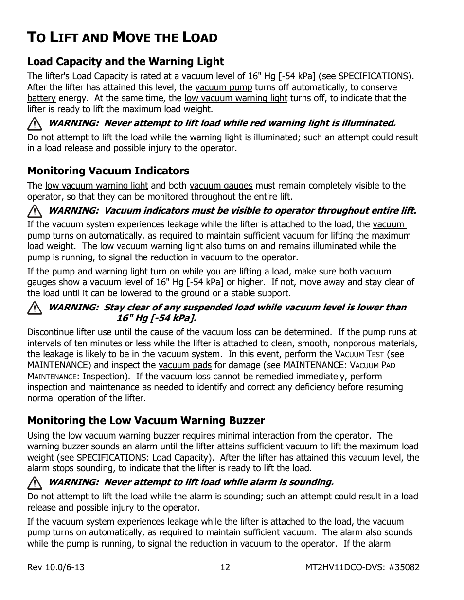 Ift and, Ove the, Load capacity and the warning light | Monitoring vacuum indicators, Monitoring the low vacuum warning buzzer | Wood’s Powr-Grip MT2HV11DC User Manual | Page 14 / 30