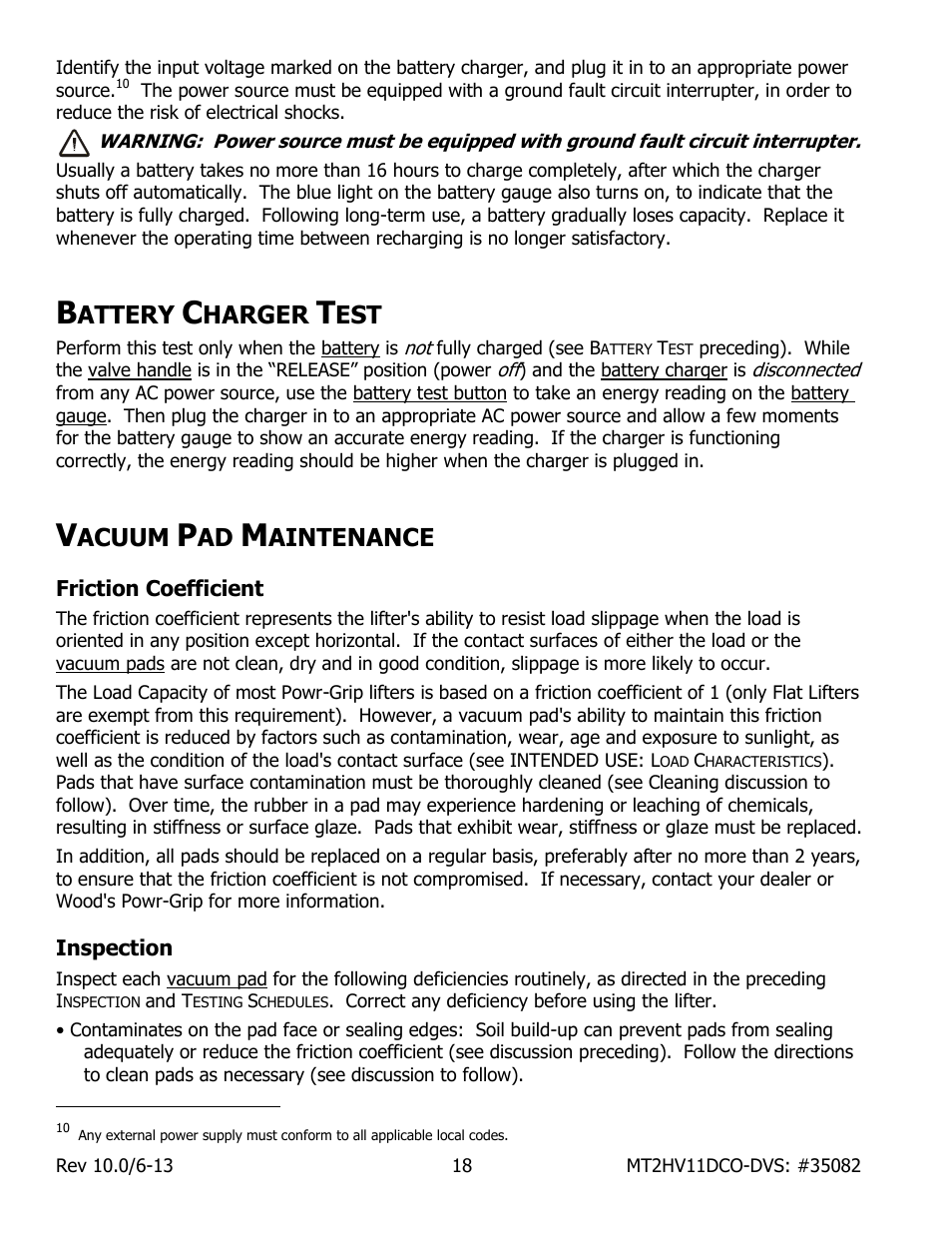 Attery, Harger, Acuum | Aintenance, Friction coefficient, Inspection | Wood’s Powr-Grip MT2HV11DC User Manual | Page 20 / 30