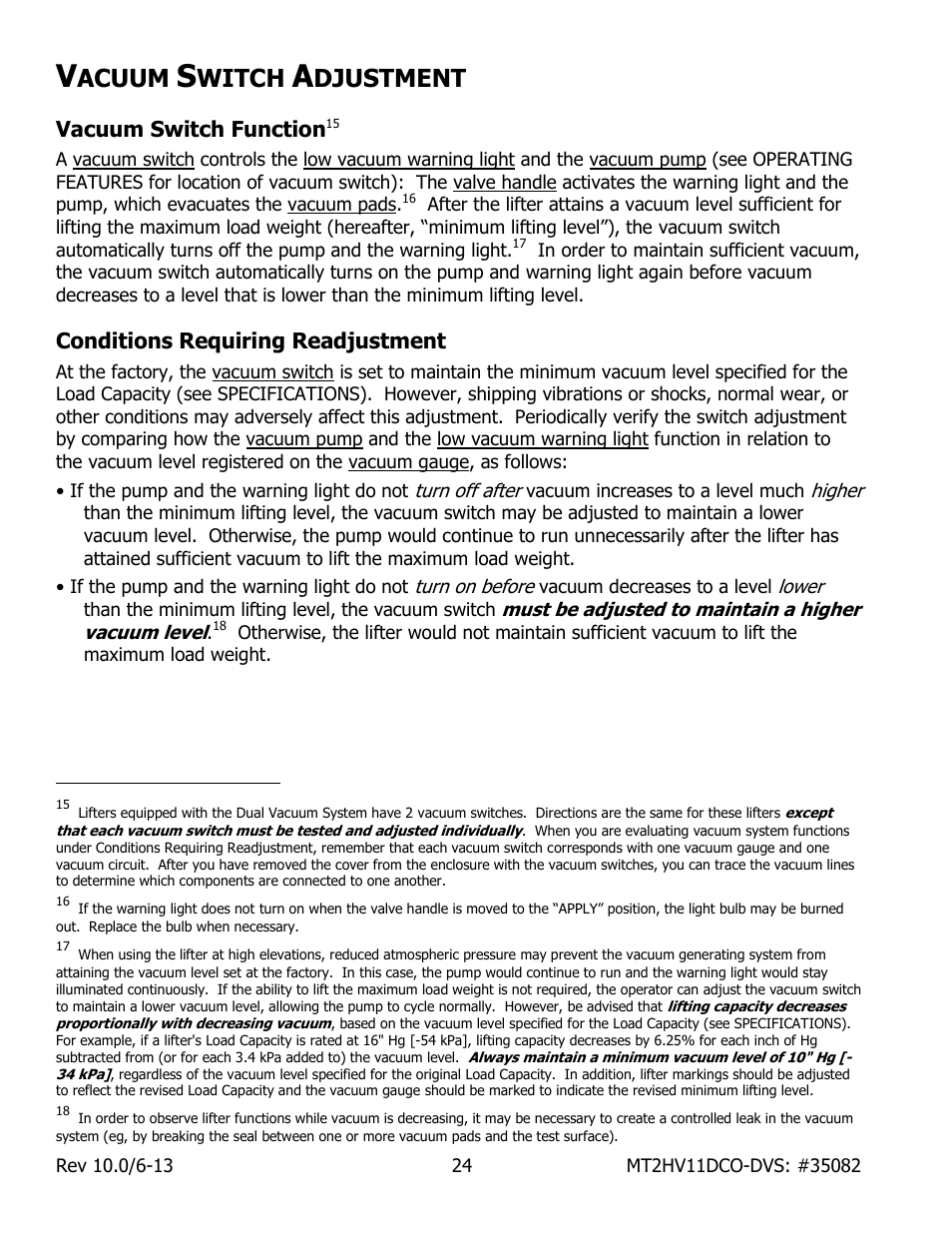 Acuum, Witch, Djustment | Vacuum switch function, Conditions requiring readjustment | Wood’s Powr-Grip MT2HV11DC User Manual | Page 26 / 30