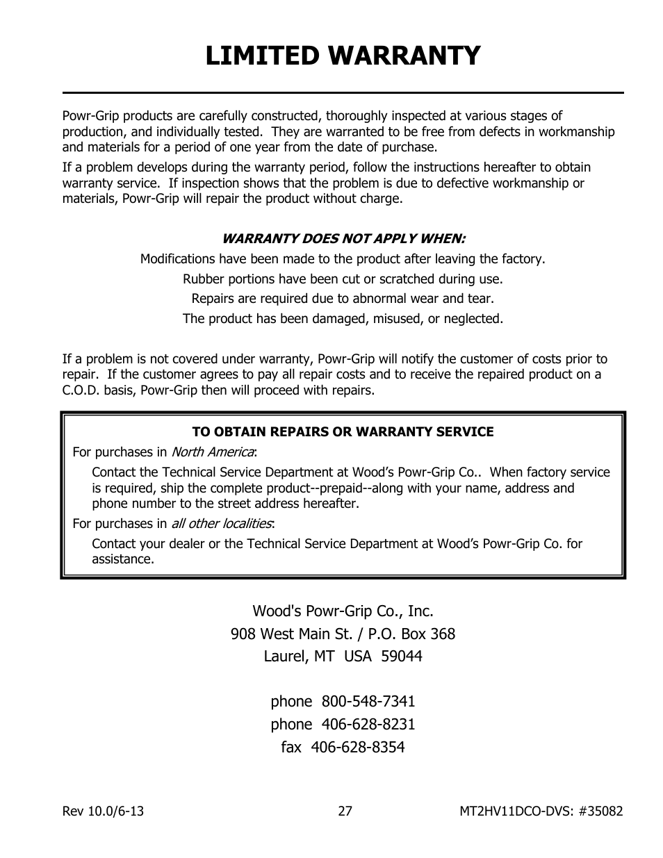 Limited warranty | Wood’s Powr-Grip MT2HV11DC User Manual | Page 29 / 30