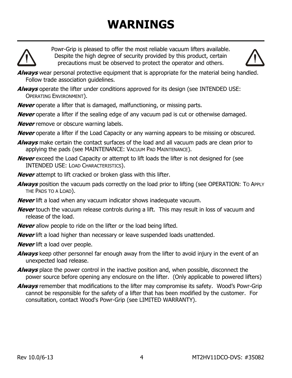 Warnings | Wood’s Powr-Grip MT2HV11DC User Manual | Page 6 / 30