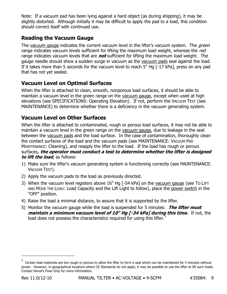 Reading the vacuum gauge, Vacuum level on optimal surfaces, Vacuum level on other surfaces | Wood’s Powr-Grip MT49AC User Manual | Page 10 / 23