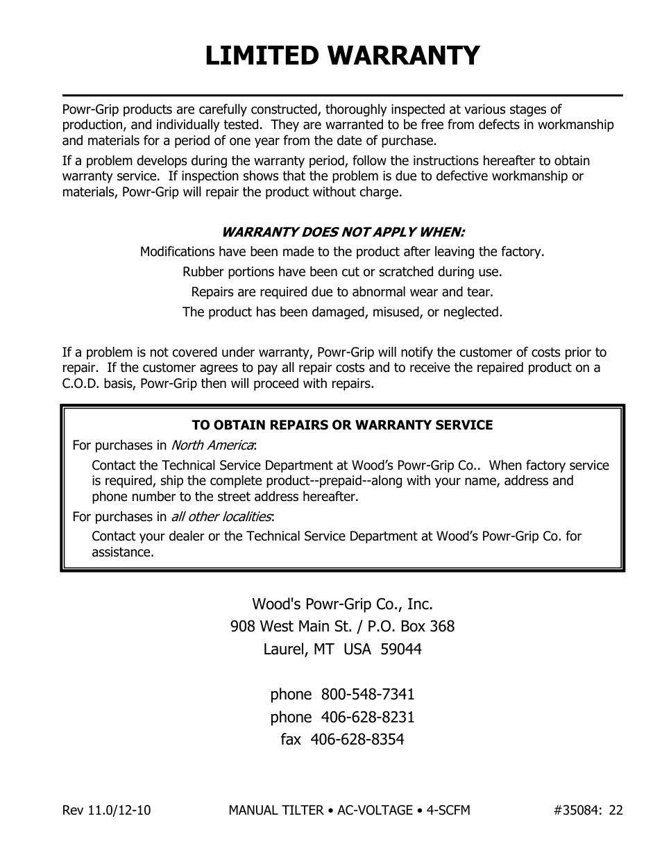 Limited warranty | Wood’s Powr-Grip MT49AC User Manual | Page 23 / 23