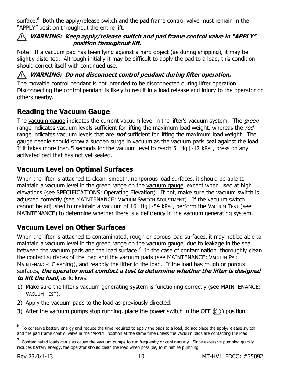 Reading the vacuum gauge, Vacuum level on optimal surfaces, Vacuum level on other surfaces | Wood’s Powr-Grip MT10HV11FDCO User Manual | Page 12 / 28