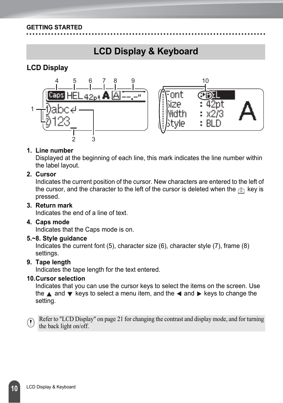 Lcd display & keyboard, Lcd display | Brother P-touch PT-2700 User Manual | Page 12 / 91