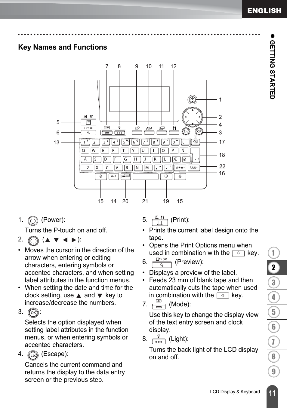 Key names and functions | Brother P-touch PT-2700 User Manual | Page 13 / 91