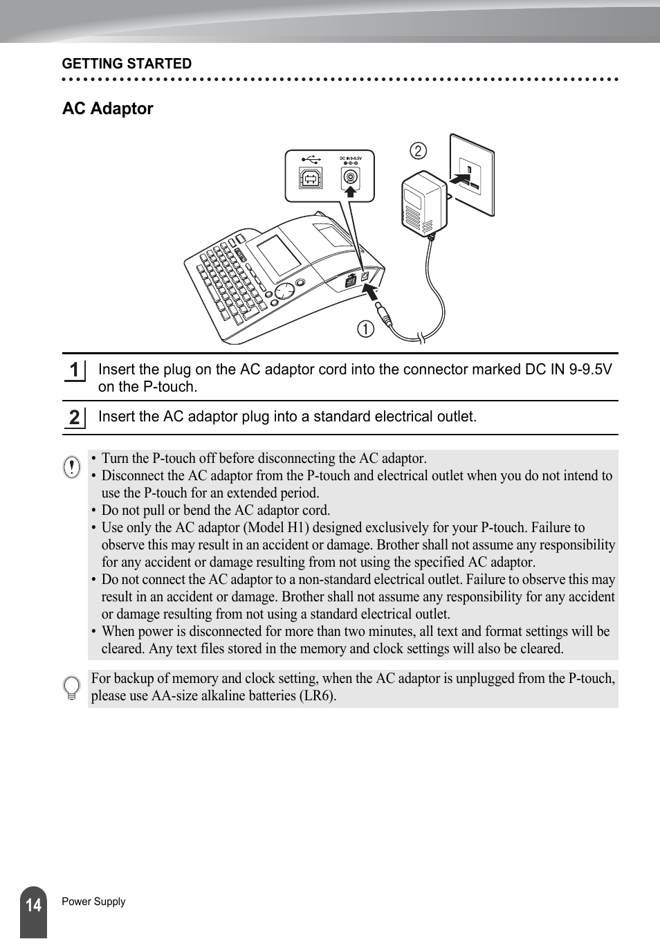 Ac adaptor | Brother P-touch PT-2700 User Manual | Page 16 / 91