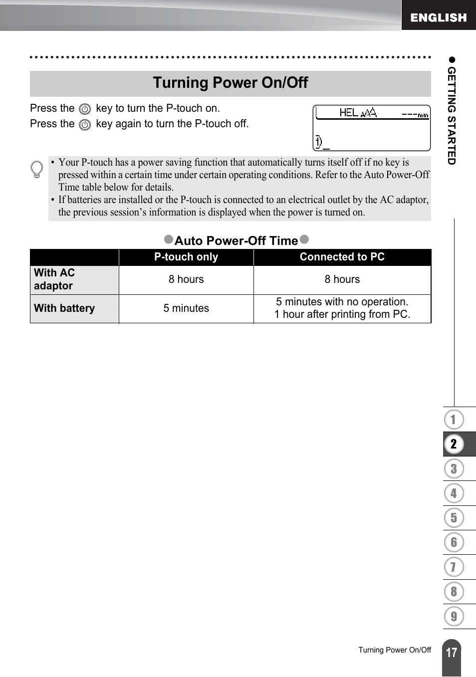 Turning power on/off, Zturning power on/off | Brother P-touch PT-2700 User Manual | Page 19 / 91