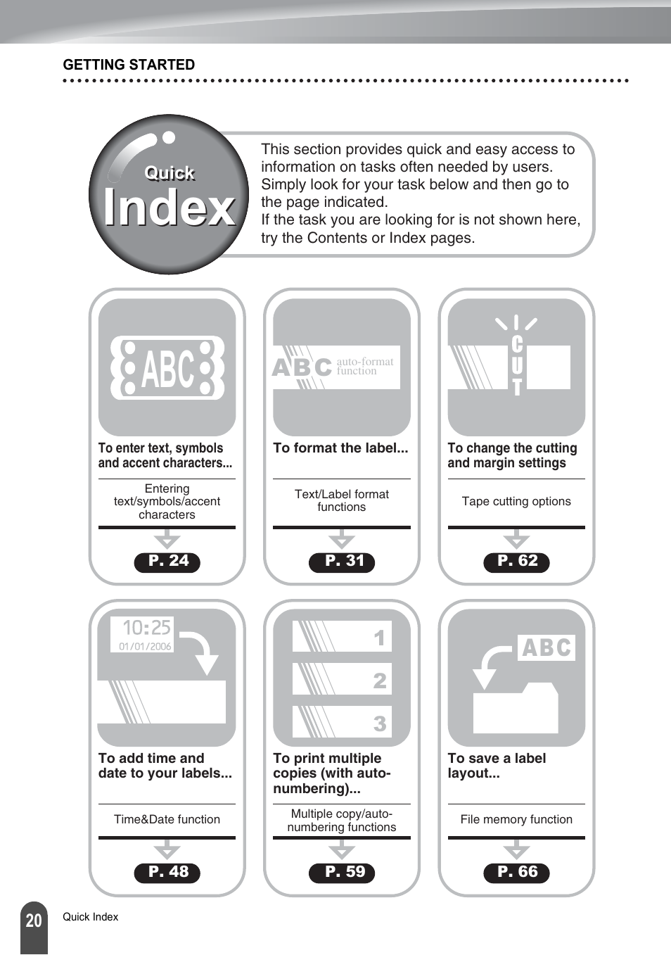 Quick index, Index | Brother P-touch PT-2700 User Manual | Page 22 / 91