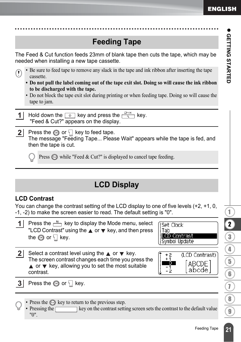 Feeding tape, Lcd display, Lcd contrast | Feeding tape lcd display | Brother P-touch PT-2700 User Manual | Page 23 / 91