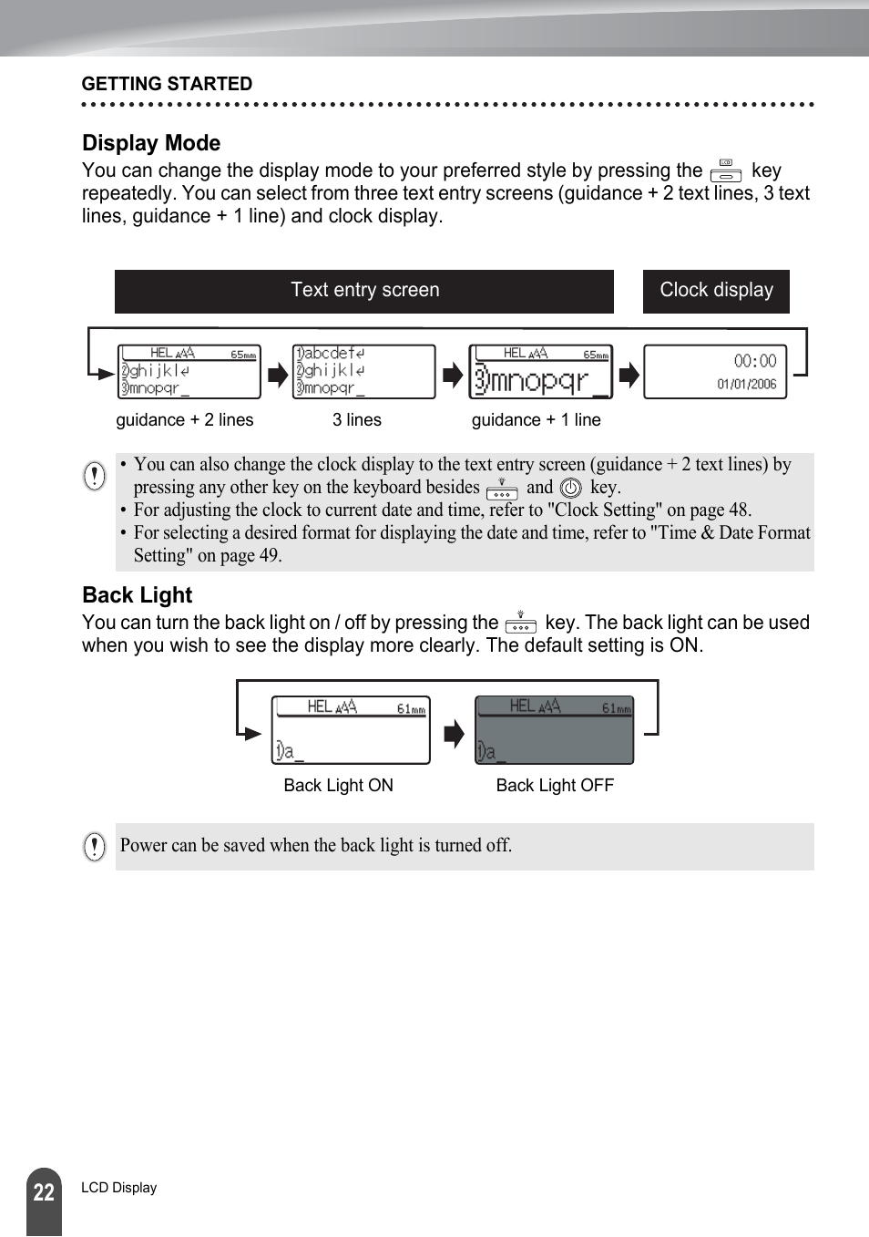 Display mode, Back light, Display mode back light | Brother P-touch PT-2700 User Manual | Page 24 / 91