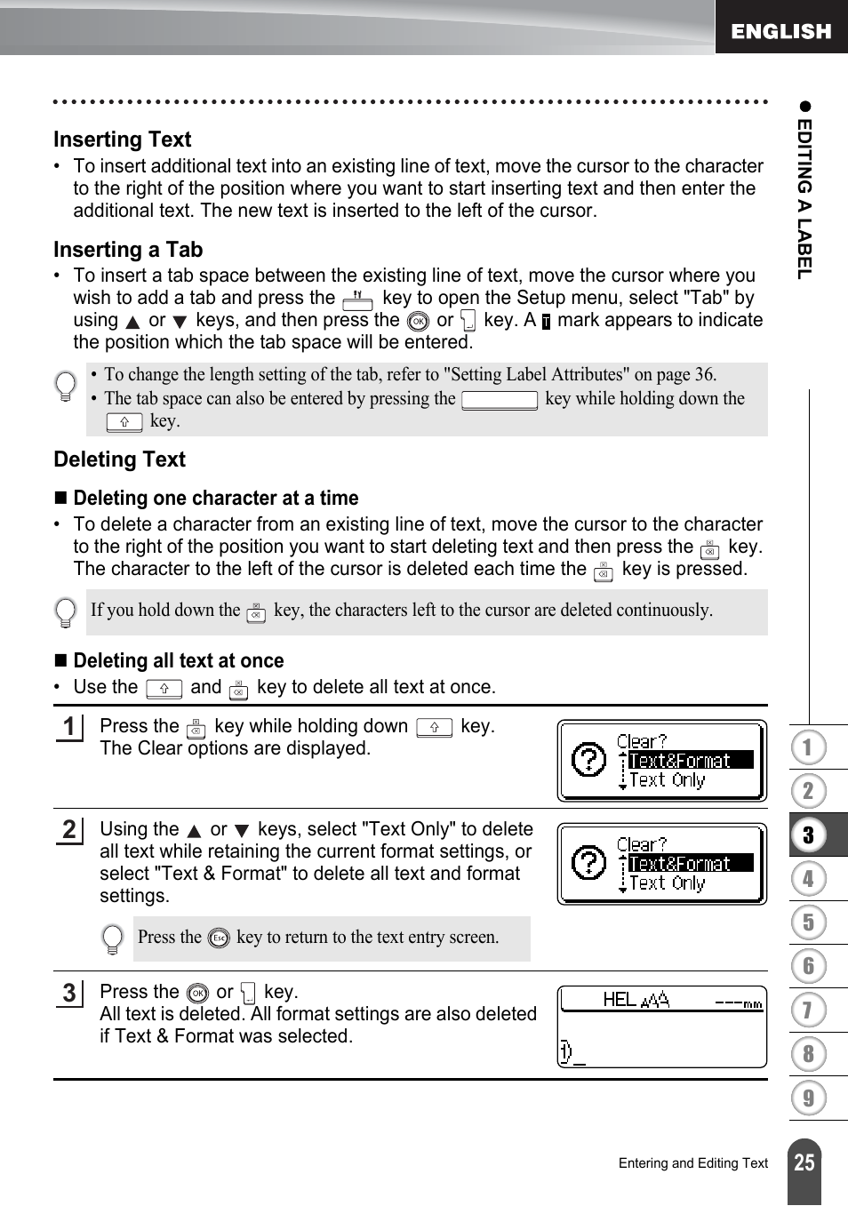 Inserting text, Inserting a tab, Deleting text | Inserting text inserting a tab deleting text | Brother P-touch PT-2700 User Manual | Page 27 / 91