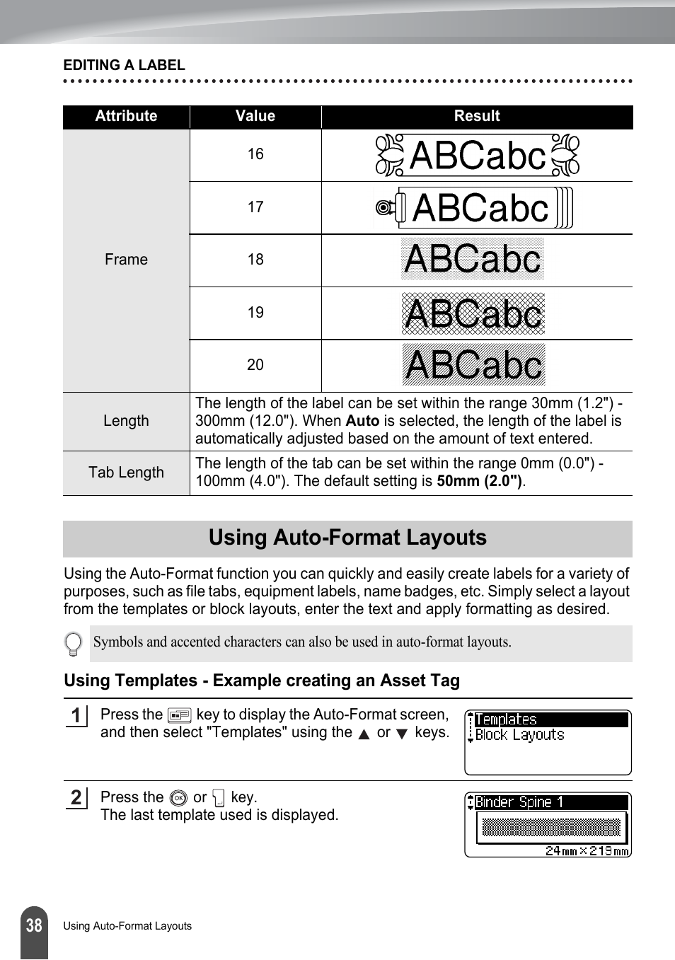 Using auto-format layouts, Using templates - example creating an asset tag | Brother P-touch PT-2700 User Manual | Page 40 / 91