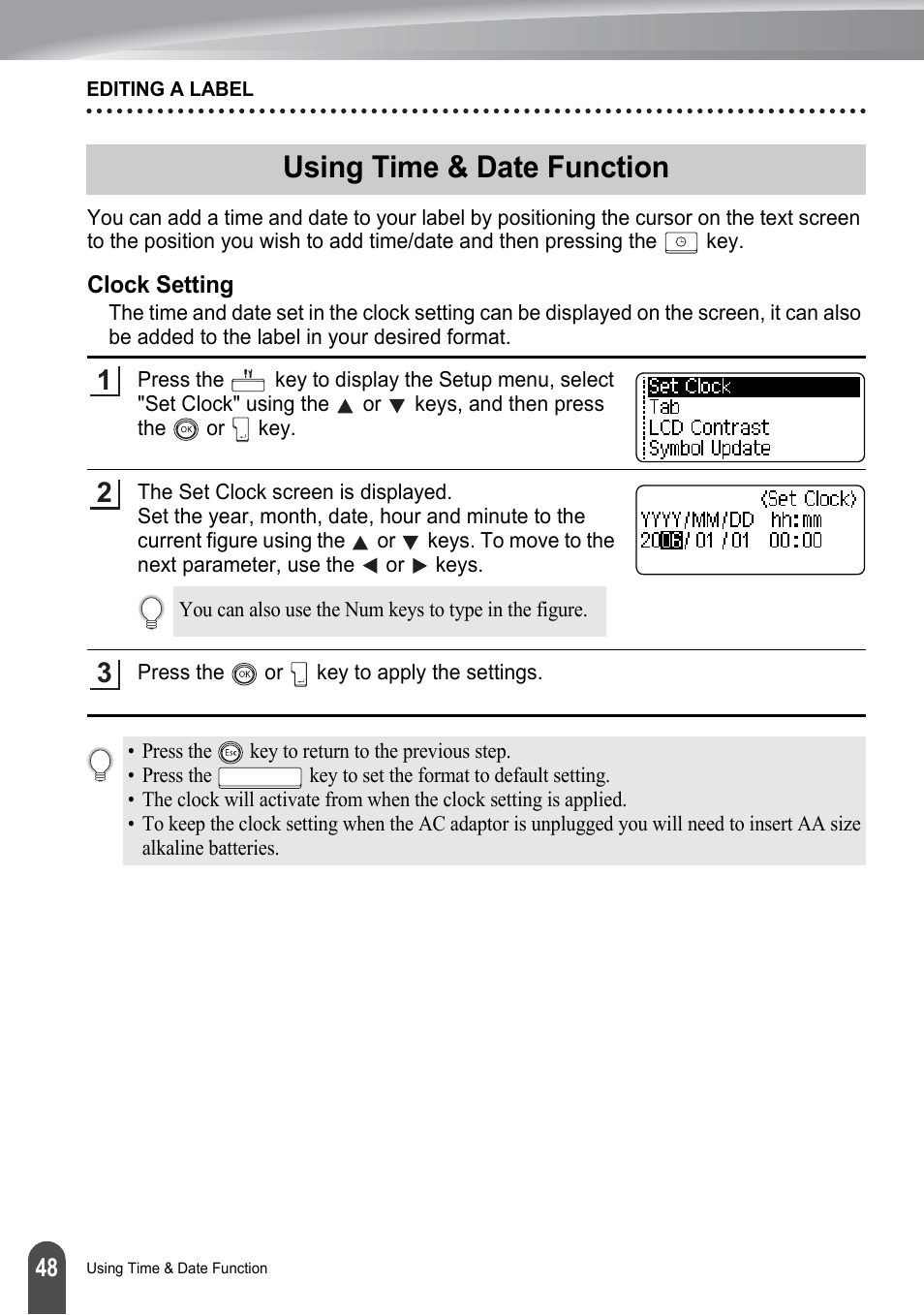 Using time & date function, Clock setting, P. 48 | Brother P-touch PT-2700 User Manual | Page 50 / 91