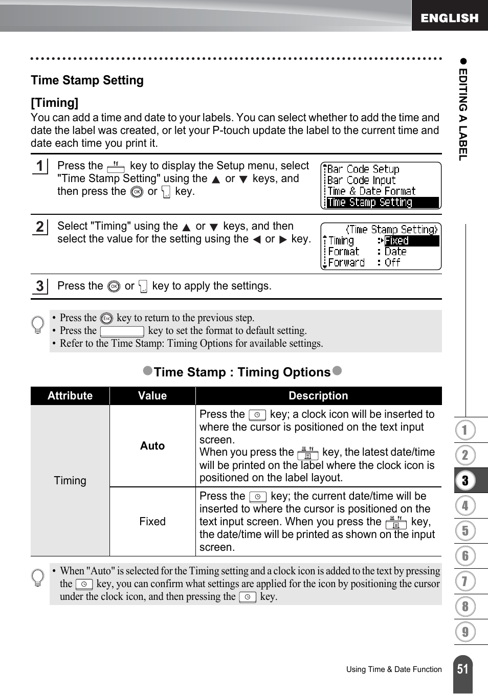 Time stamp setting, Timing, Time stamp setting [timing | Brother P-touch PT-2700 User Manual | Page 53 / 91