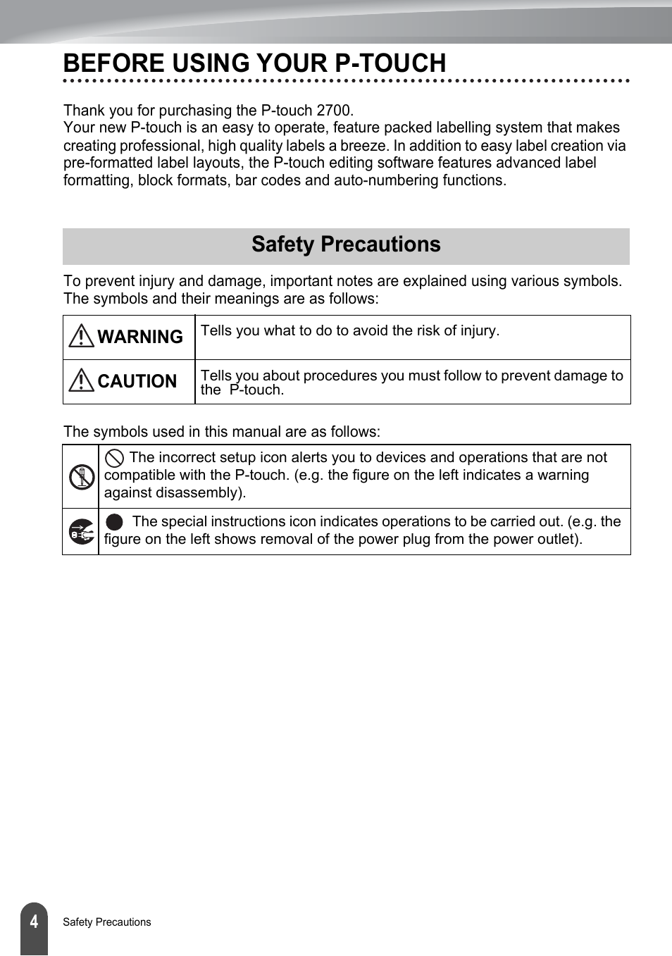 Before using your p-touch, Safety precautions | Brother P-touch PT-2700 User Manual | Page 6 / 91