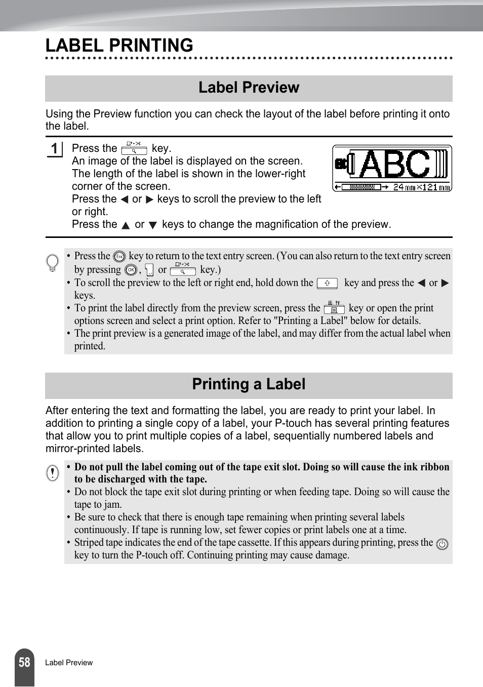 Label printing, Label preview, Printing a label | Label preview printing a label, P. 58 | Brother P-touch PT-2700 User Manual | Page 60 / 91