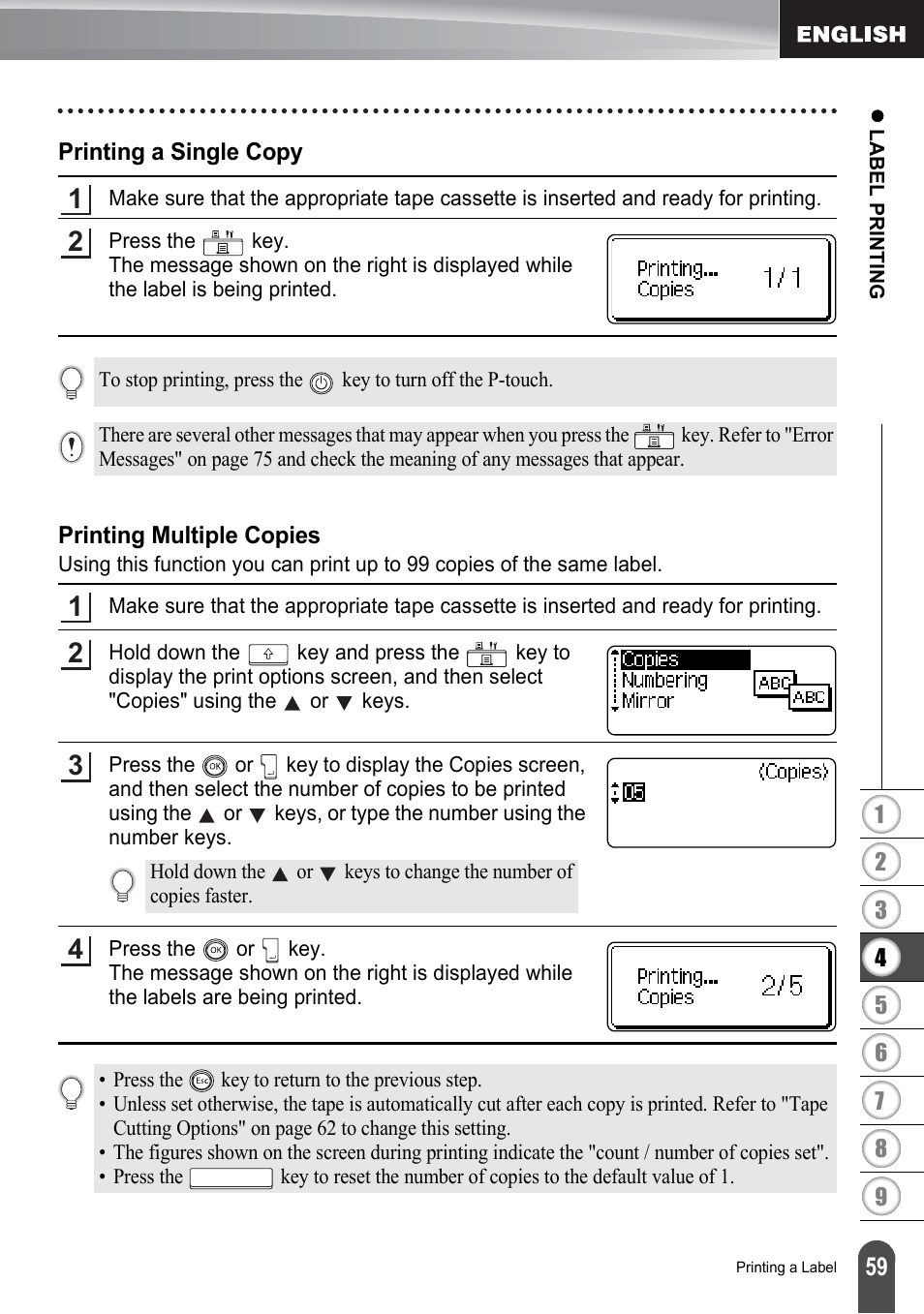 Printing a single copy, Printing multiple copies, Printing a single copy printing multiple copies | P. 59 | Brother P-touch PT-2700 User Manual | Page 61 / 91