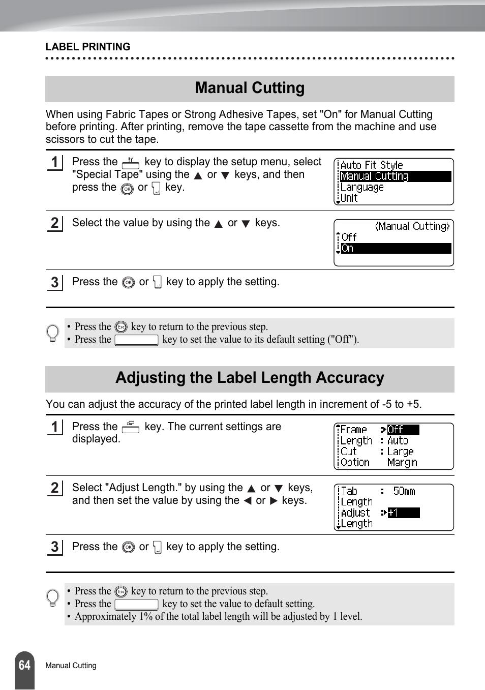 Manual cutting, Adjusting the label length accuracy, Manual cutting adjusting the label length accuracy | D "adjusting the label length accuracy, D 64 | Brother P-touch PT-2700 User Manual | Page 66 / 91