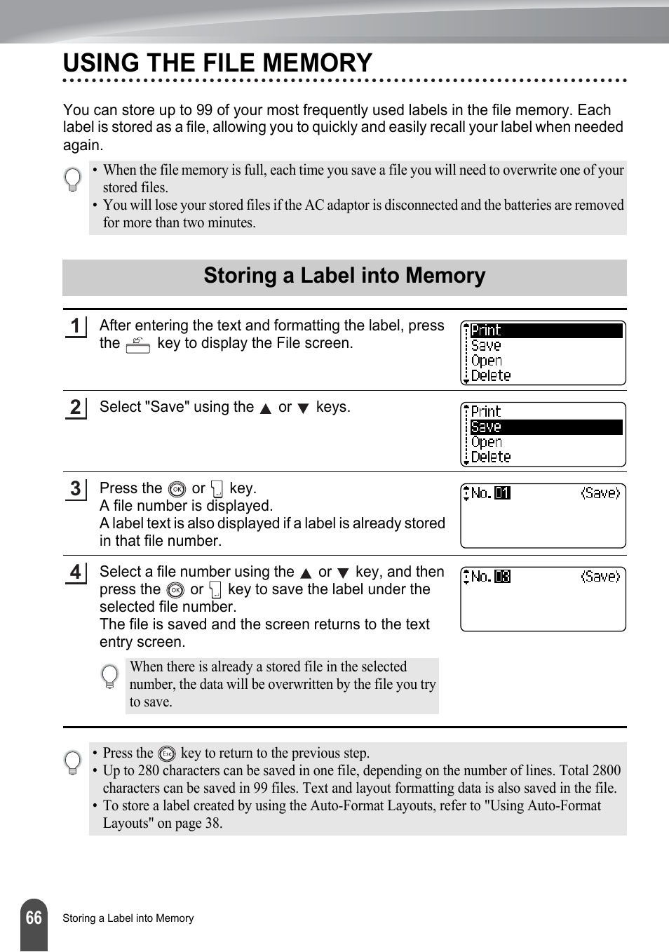 Using the file memory, Storing a label into memory, P. 66 | Brother P-touch PT-2700 User Manual | Page 68 / 91