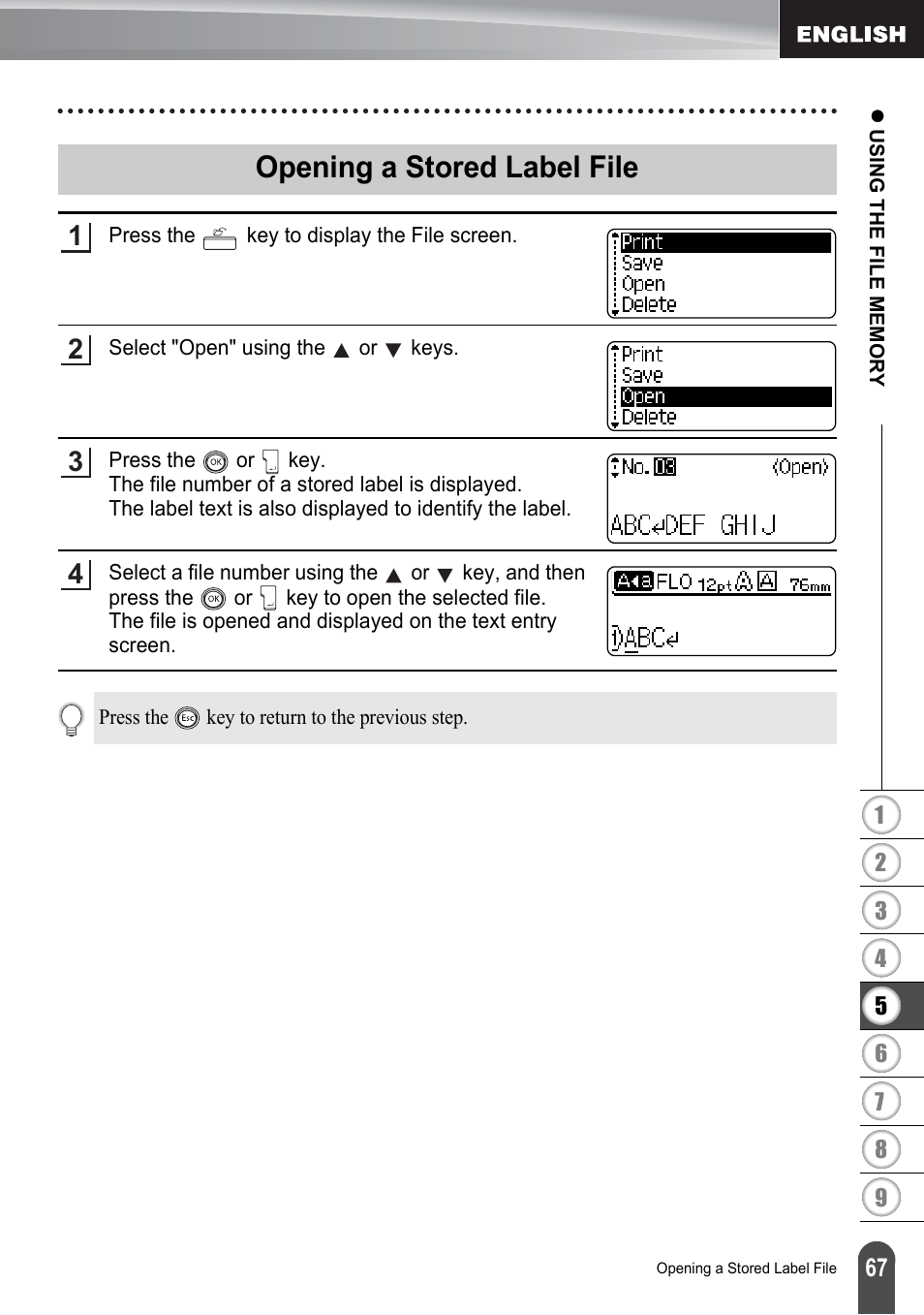 Opening a stored label file | Brother P-touch PT-2700 User Manual | Page 69 / 91