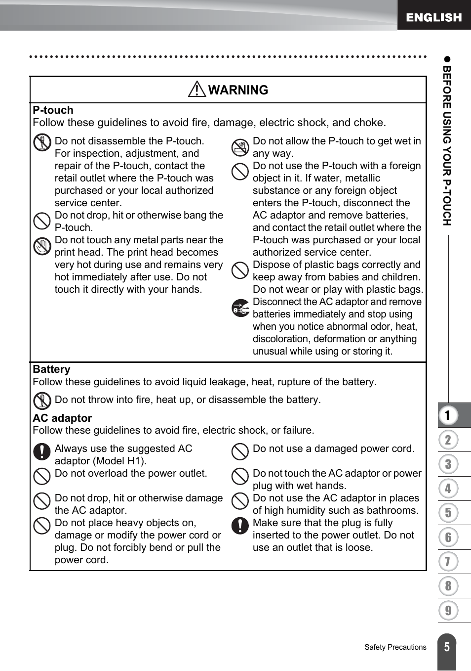 Warning | Brother P-touch PT-2700 User Manual | Page 7 / 91