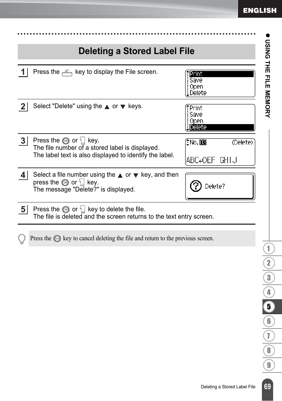 Deleting a stored label file | Brother P-touch PT-2700 User Manual | Page 71 / 91