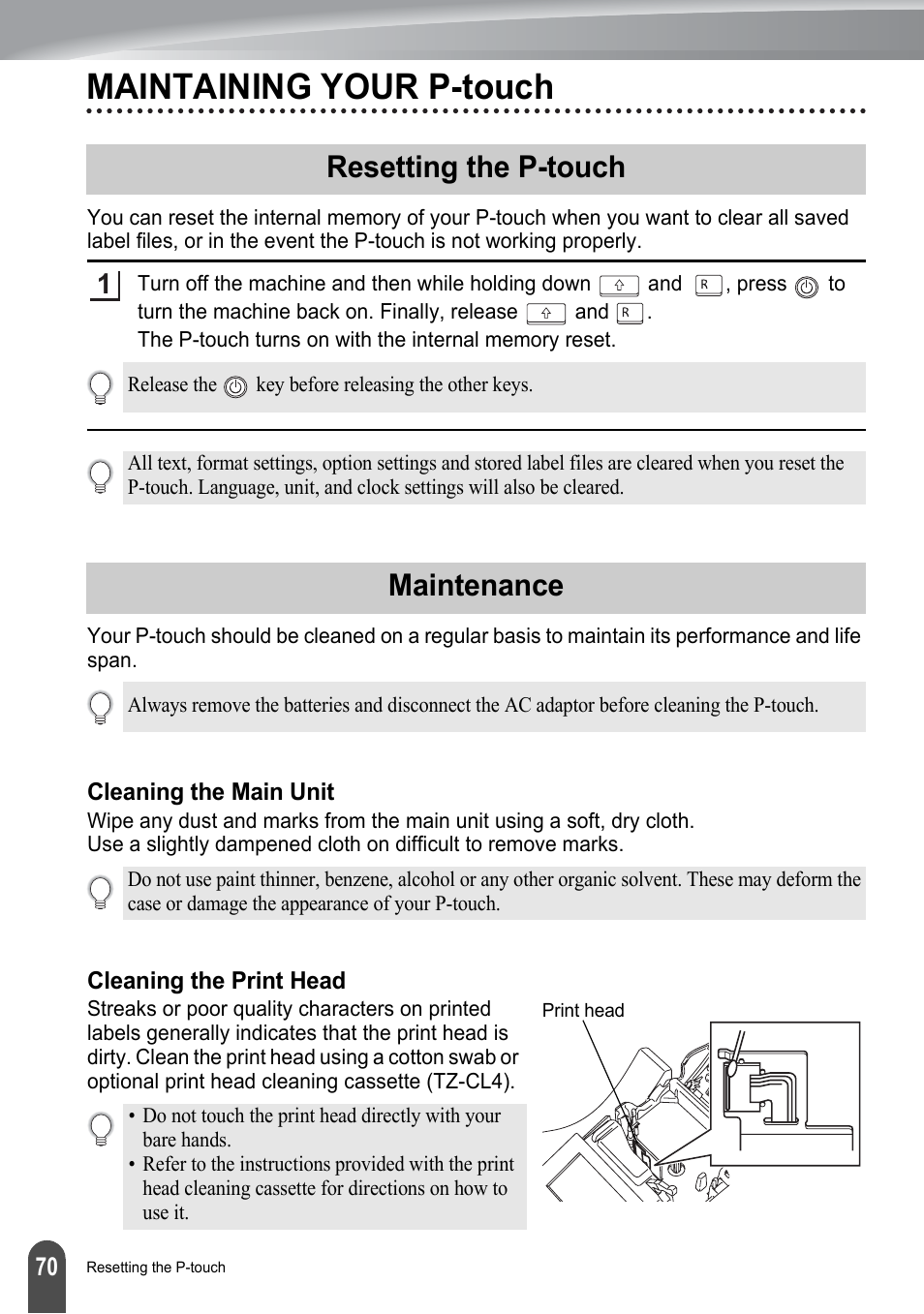 Maintaining your p-touch, Resetting the p-touch, Maintenance | Cleaning the main unit, Cleaning the print head, Resetting the p-touch maintenance | Brother P-touch PT-2700 User Manual | Page 72 / 91