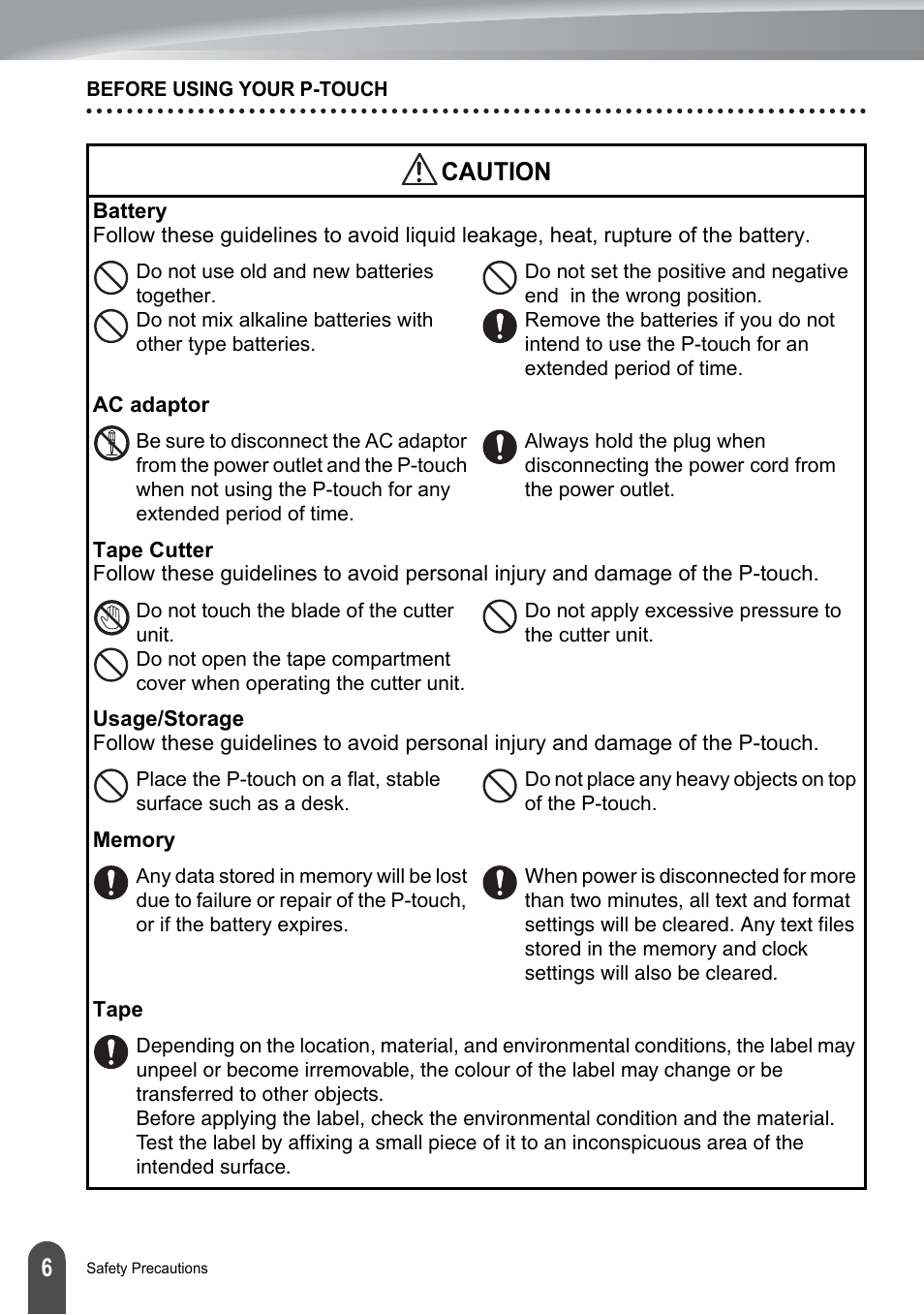 Caution | Brother P-touch PT-2700 User Manual | Page 8 / 91