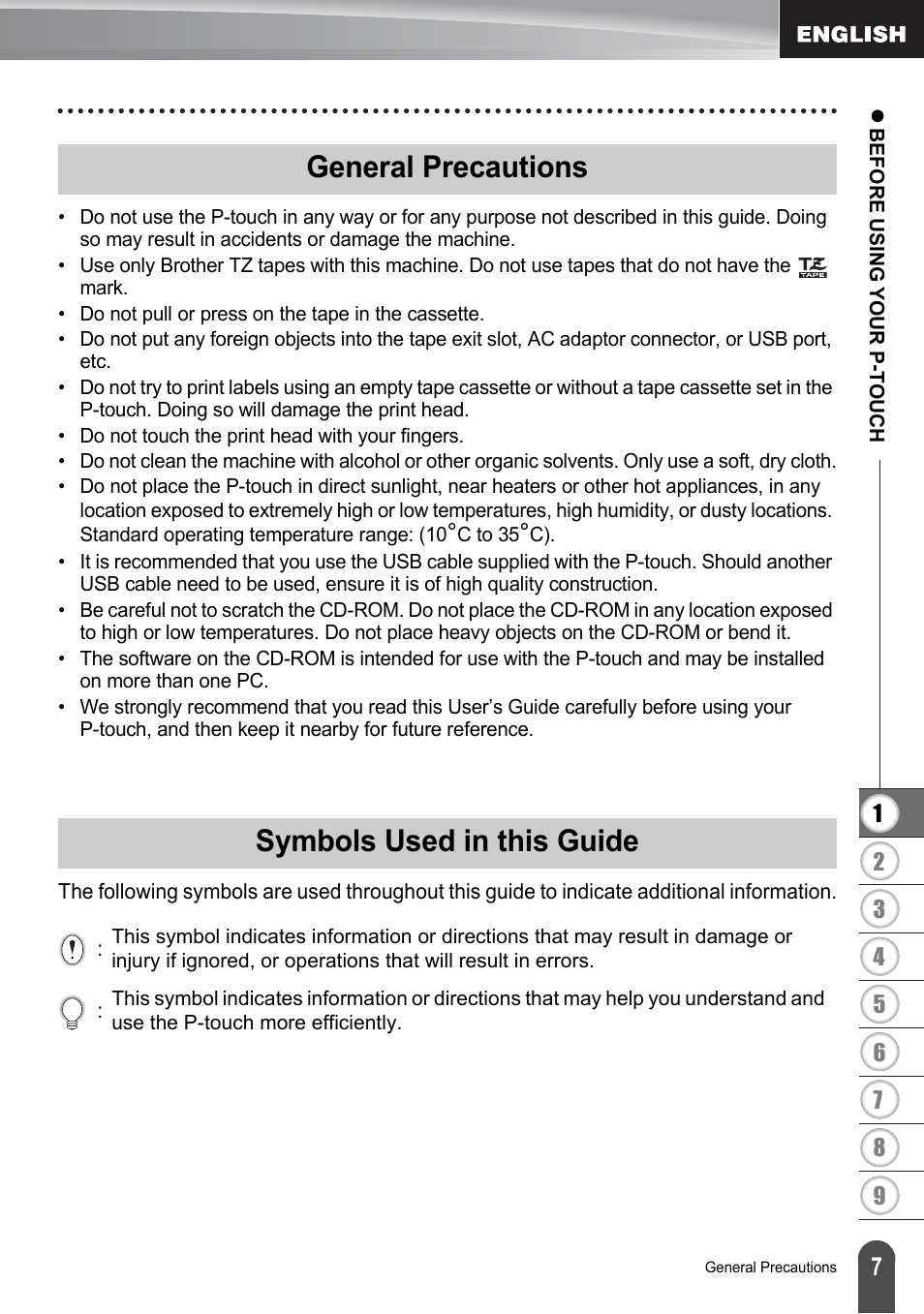 General precautions, Symbols used in this guide, General precautions symbols used in this guide | Brother P-touch PT-2700 User Manual | Page 9 / 91