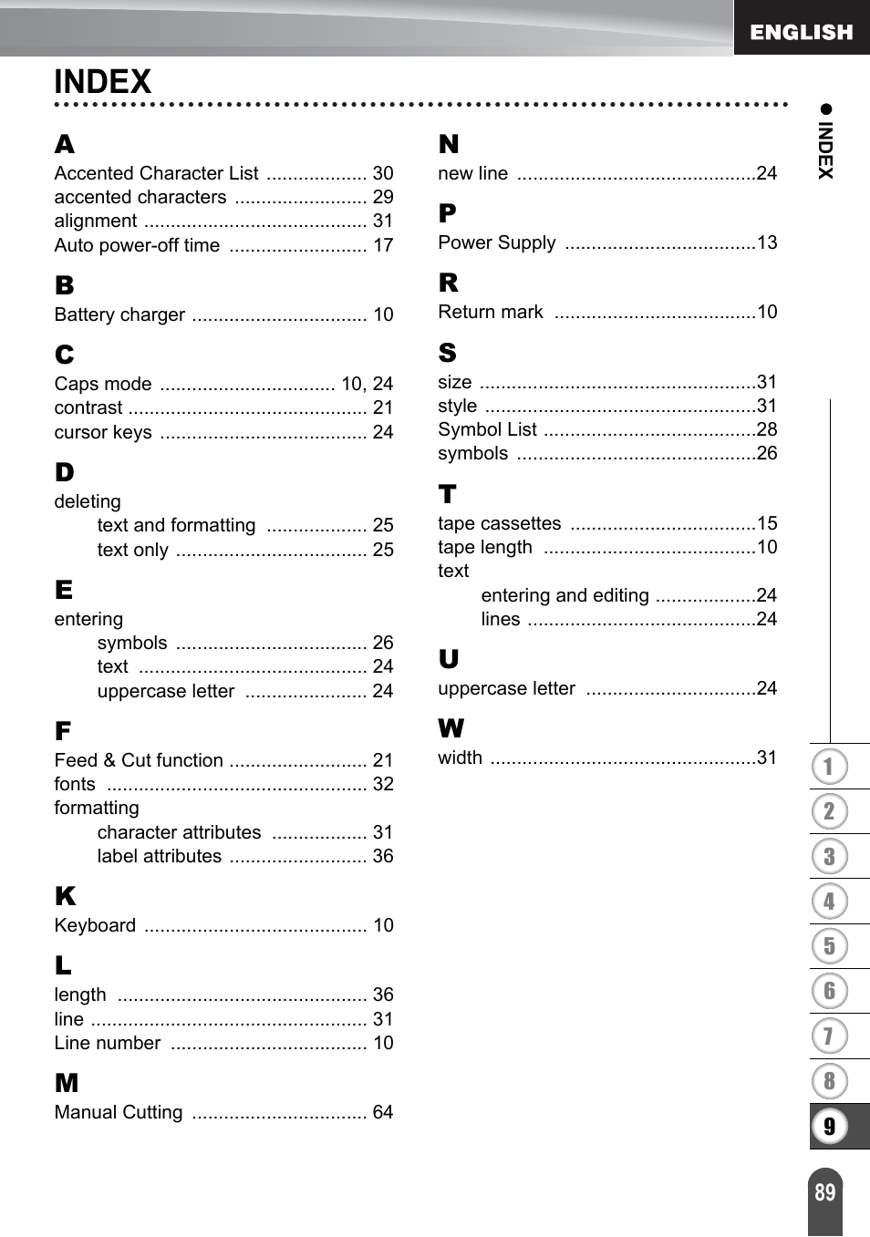 Index | Brother P-touch PT-2700 User Manual | Page 91 / 91
