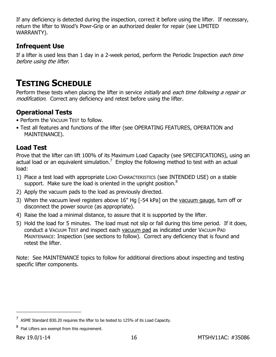 Infrequent use, Esting, Chedule | Operational tests, Load test | Wood’s Powr-Grip MT5HV11AC User Manual | Page 18 / 27