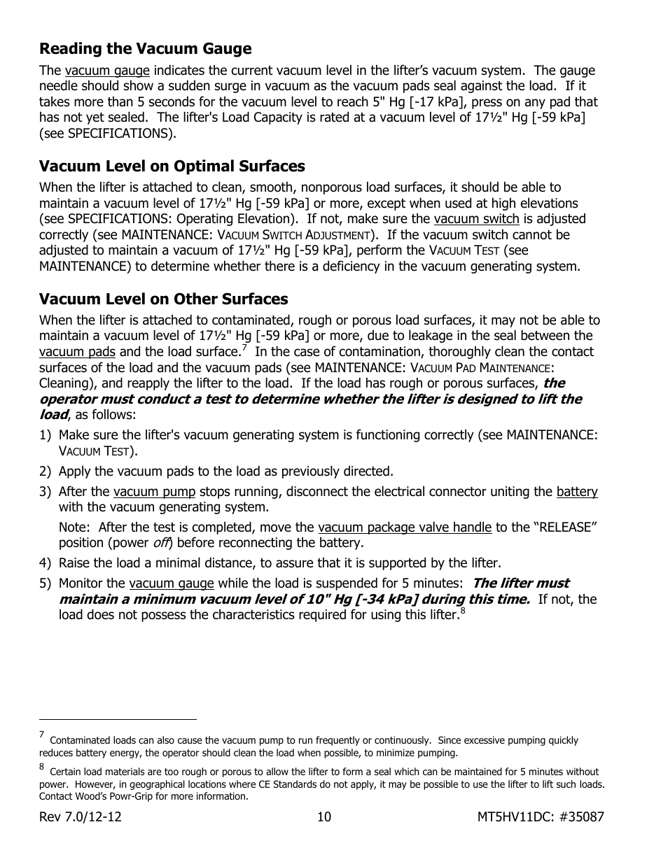 Reading the vacuum gauge, Vacuum level on optimal surfaces, Vacuum level on other surfaces | Wood’s Powr-Grip MT5HV11DC User Manual | Page 12 / 30