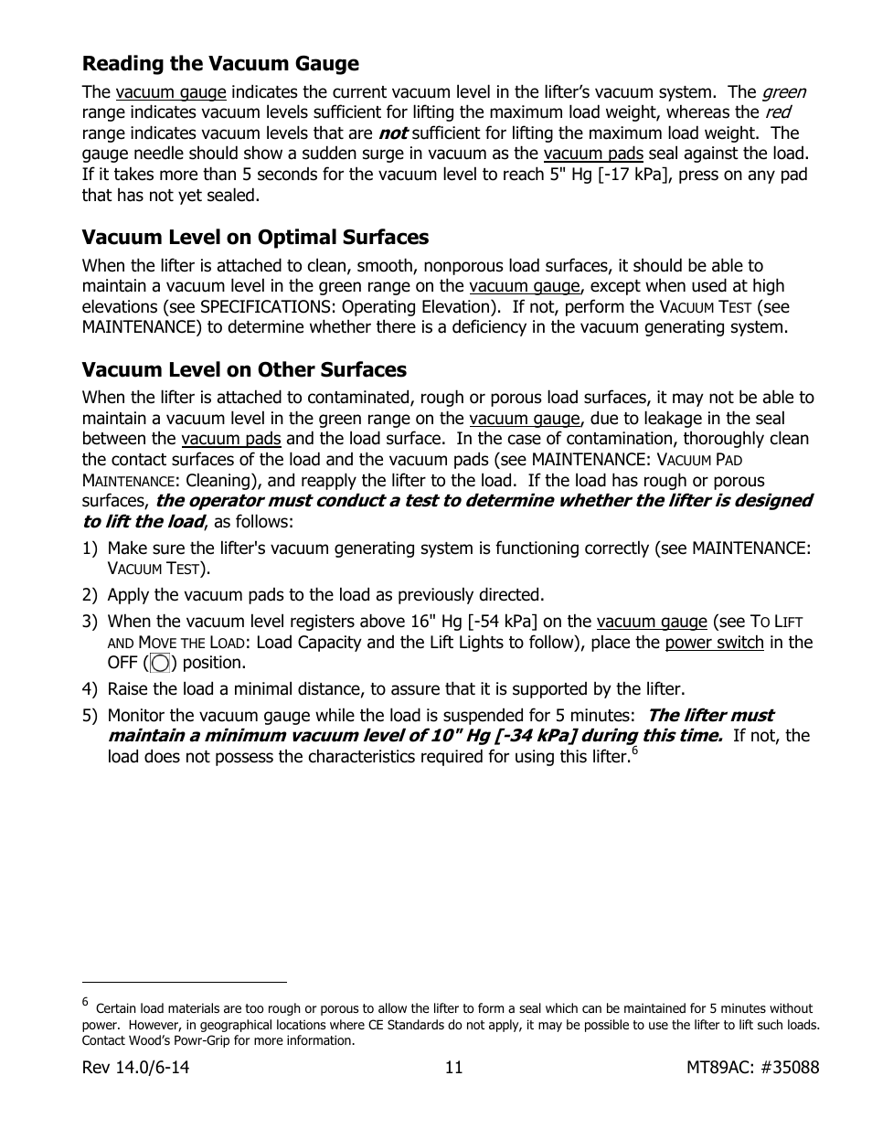 Reading the vacuum gauge, Vacuum level on optimal surfaces, Vacuum level on other surfaces | Wood’s Powr-Grip MT89AC User Manual | Page 13 / 31