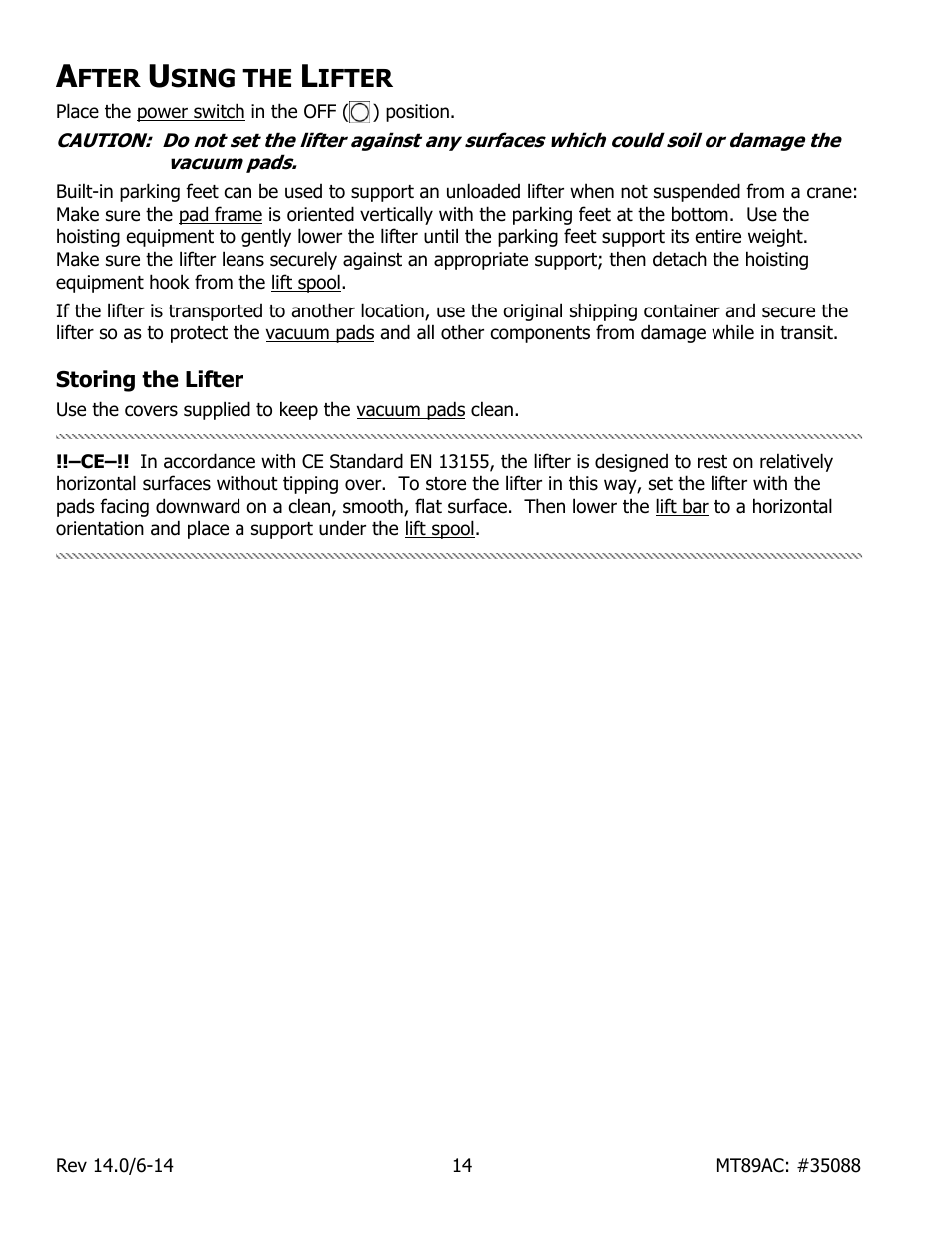 Fter, Sing the, Ifter | Storing the lifter | Wood’s Powr-Grip MT89AC User Manual | Page 16 / 31