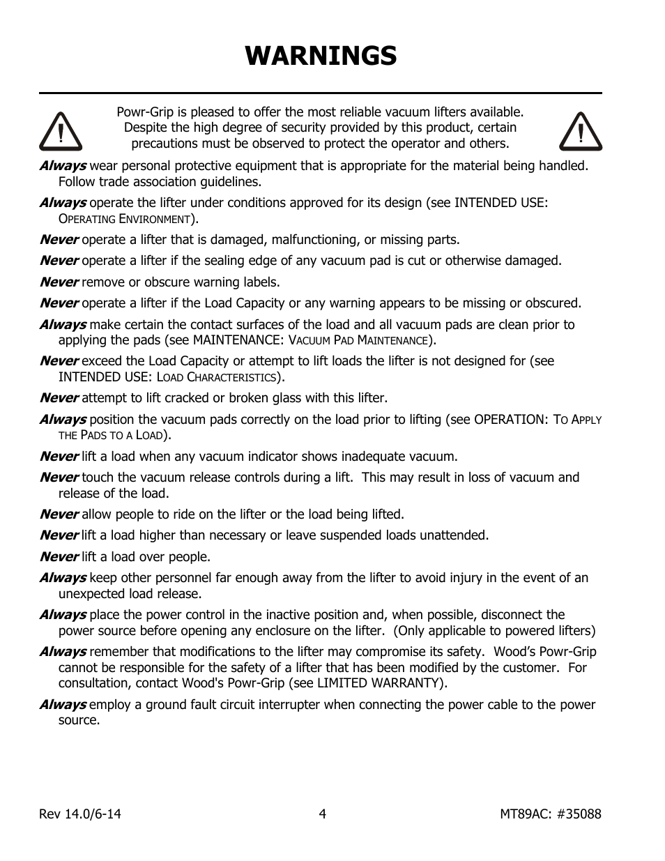 Warnings | Wood’s Powr-Grip MT89AC User Manual | Page 6 / 31