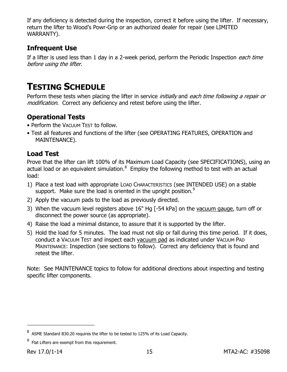 Infrequent use, Esting, Chedule | Operational tests, Load test | Wood’s Powr-Grip MTA2HV11AC User Manual | Page 17 / 27