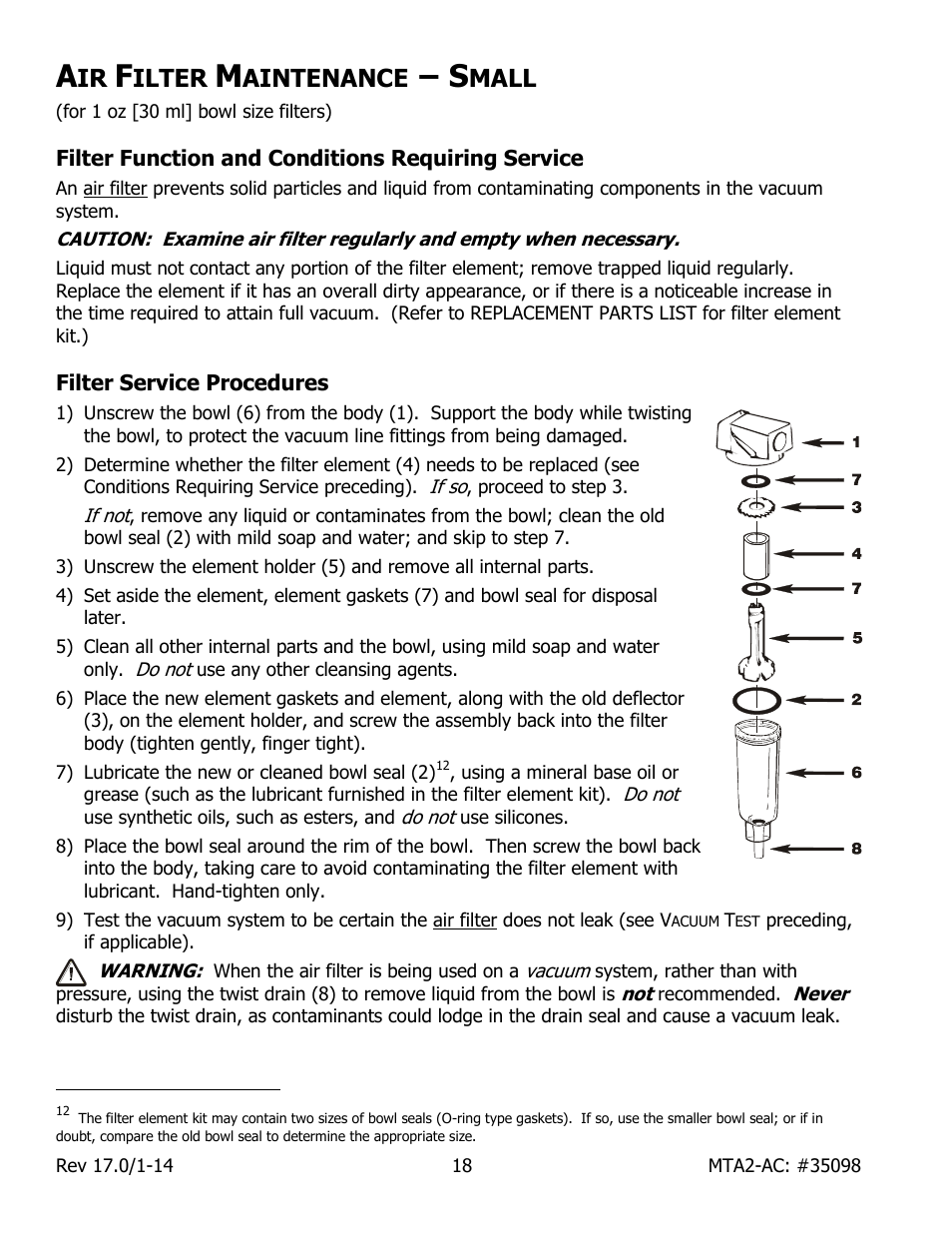 Ilter, Aintenance, Mall | Filter function and conditions requiring service, Filter service procedures | Wood’s Powr-Grip MTA2HV11AC User Manual | Page 20 / 27